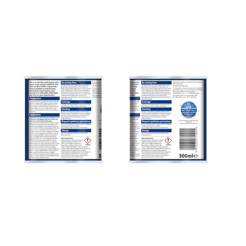Rustins EAVS500 500ml Outdoor Varnish Satin - Clear - Image 2